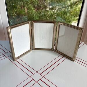 Vintage Gold Tone Tri Fold Picture Frame 5x7 Tabletop